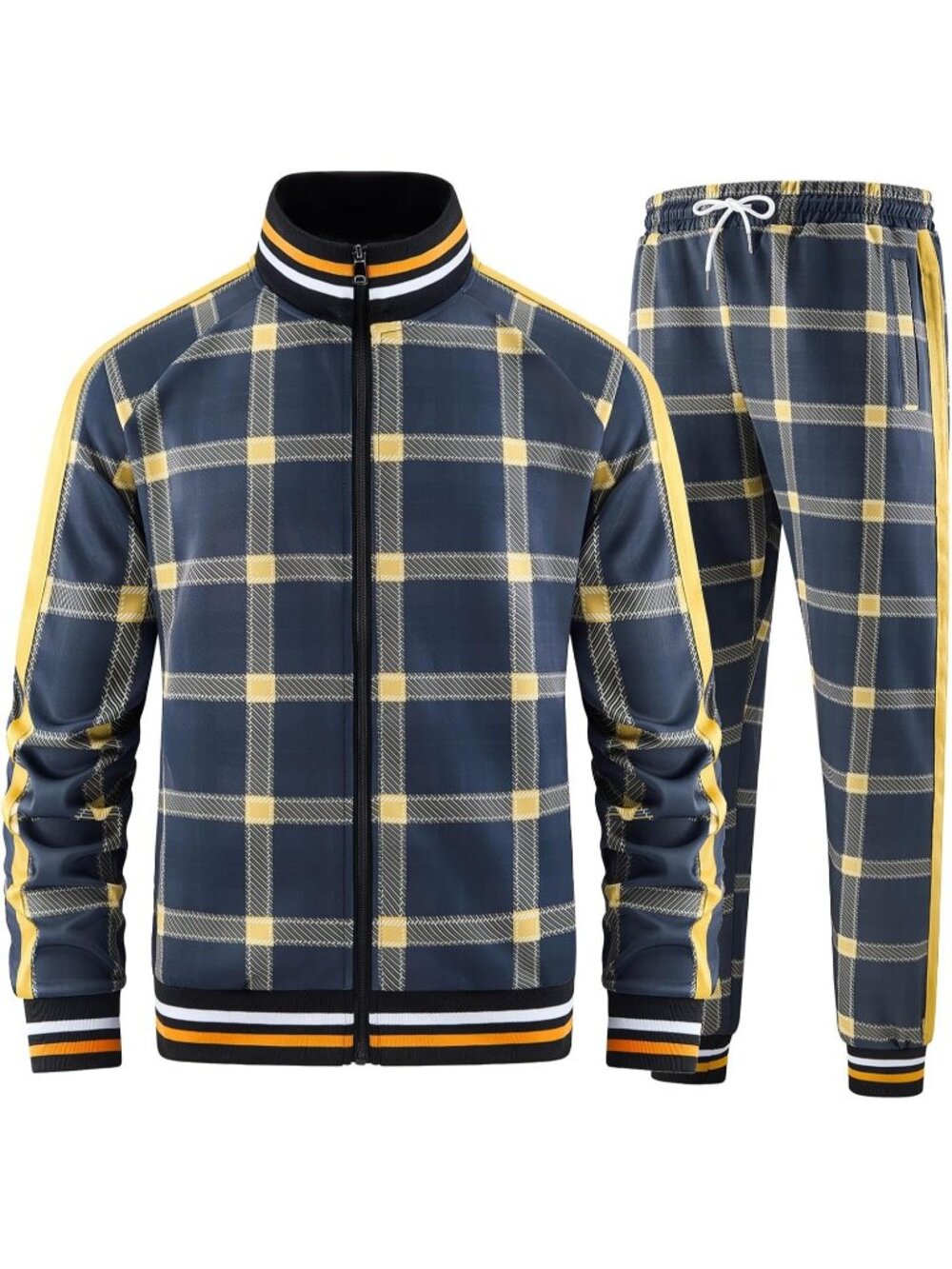 Men's 2 Piece Set Dark Blue Slant Pocket Long Sleeve Zipper Track Jackets Pants